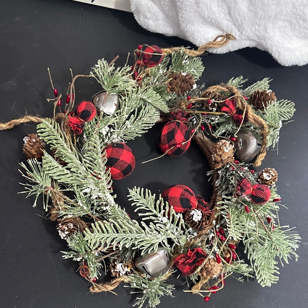 Christmas candle wreath with bells and red plaid balls decor